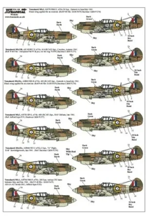 Sticker Curtiss P-40B Tomahawk (13) AH179 RM-E 26 Squadron Gatwick 1941; AK185 RU-V 414(RCAF) Squadron Croydon 1941; AH882 KH-A Gratis Retour