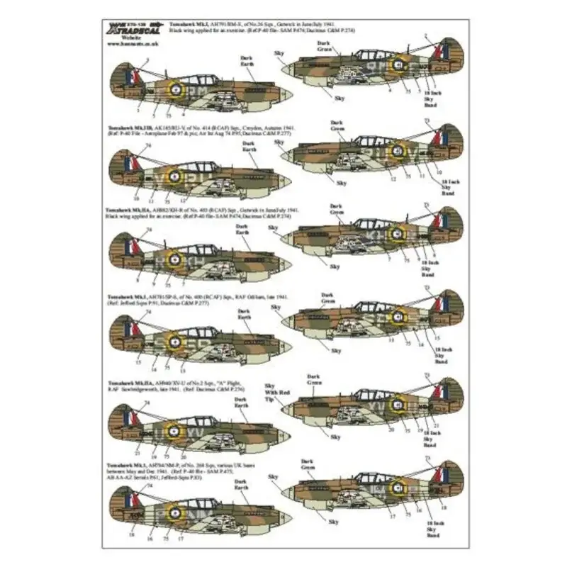 Sticker Curtiss P-40B Tomahawk (13) AH179 RM-E 26 Squadron Gatwick 1941; AK185 RU-V 414(RCAF) Squadron Croydon 1941; AH882 KH-A Gratis Retour