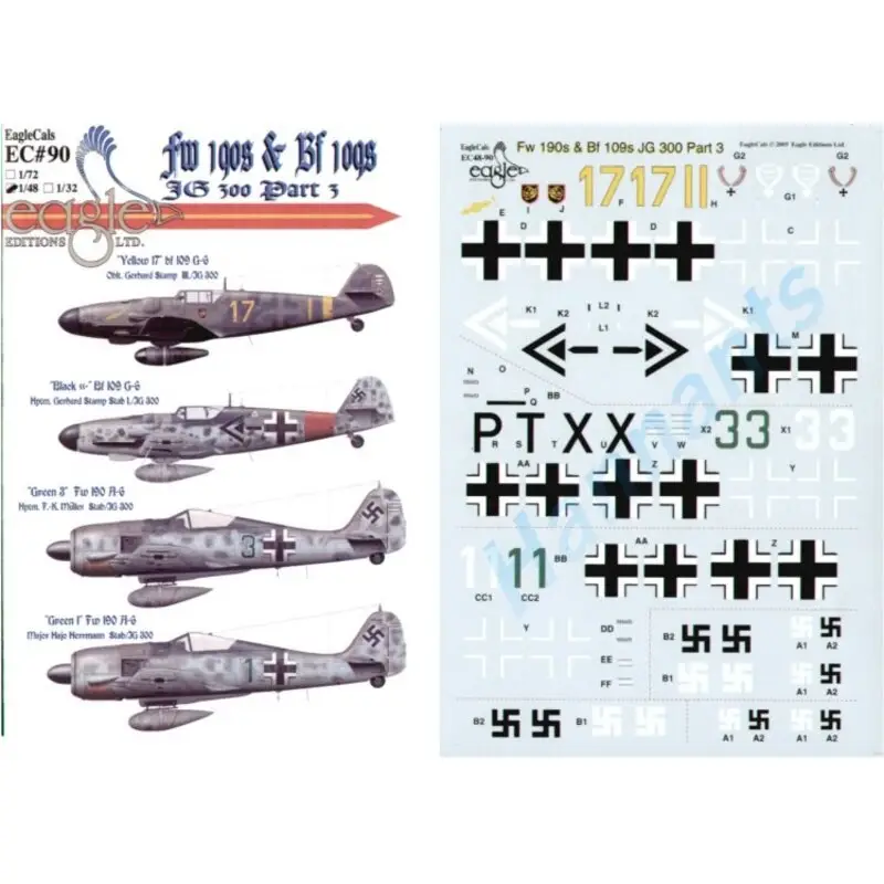Aanbieding Sticker Messerschmitt Bf 109G and Focke-Wulf Fw 190A-6 (4) 109 Yellow 17 II/JG300 RLM 74/75 overpainted with`dark grey; - + St