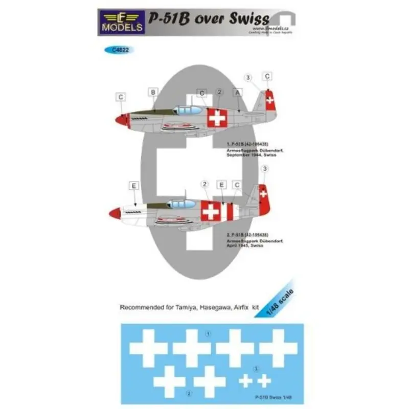 Sticker P-51B Mustang in Swiss service (2) 42-106438 two alternative schemes. Decal Flitsaanbieding