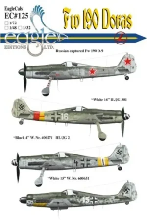 Sticker Focke Wulf Fw 190D (4) Russian captured Focke Wulf Fw 190D-9 White 16 II./JG 301 Black 4 III./JG 2 White 15 All Germany Goedkoop