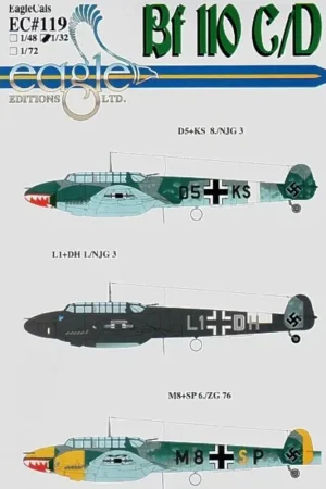 Gecertificeerd Sticker Messerschmitt Bf 110C/D Pt 3 (3) D5+KS 8./NJG 3 shark mouth M8+SP 6./ZG76 shark mouth yellow nose engine nacelles rudder