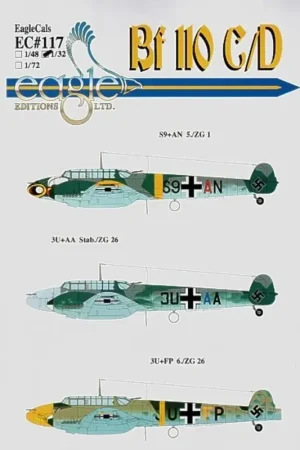 Sticker Messerschmitt Bf 110C/D Pt 1 (3) S9+AN 5/ZG 1 wasp on nose 3U+AA Stab./ZG26 both RLM 74/75/76 3U+FP 6./ZG26 RLM 02/70/65 Aanbieding