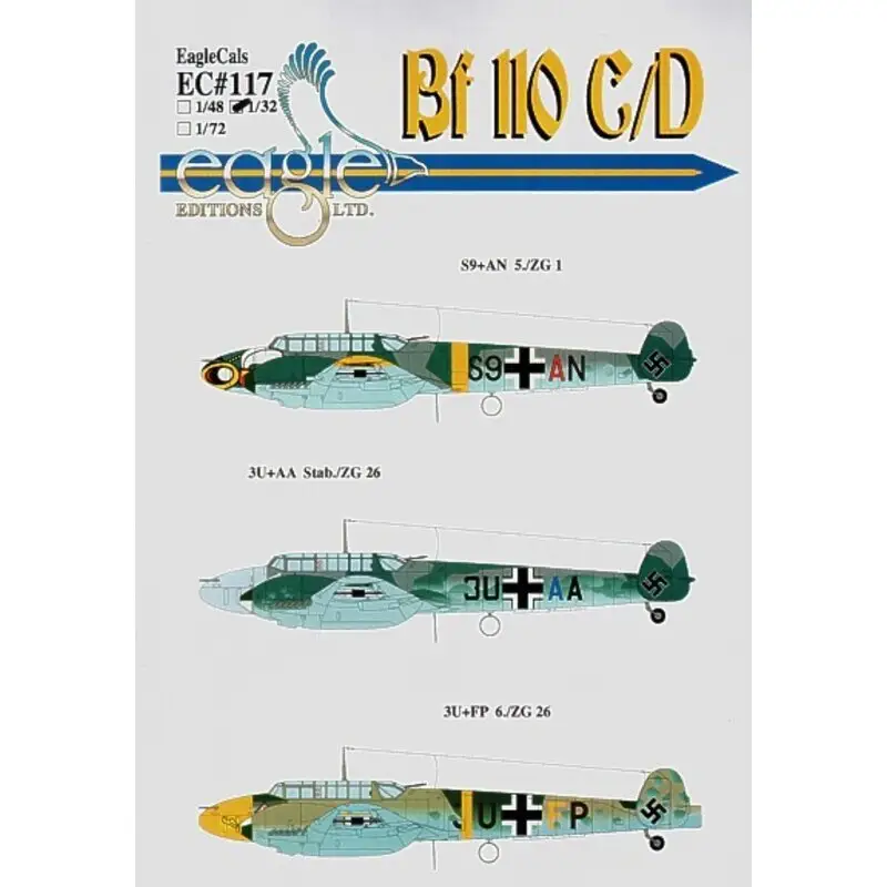 Sticker Messerschmitt Bf 110C/D Pt 1 (3) S9+AN 5/ZG 1 wasp on nose 3U+AA Stab./ZG26 both RLM 74/75/76 3U+FP 6./ZG26 RLM 02/70/65 Aanbieding