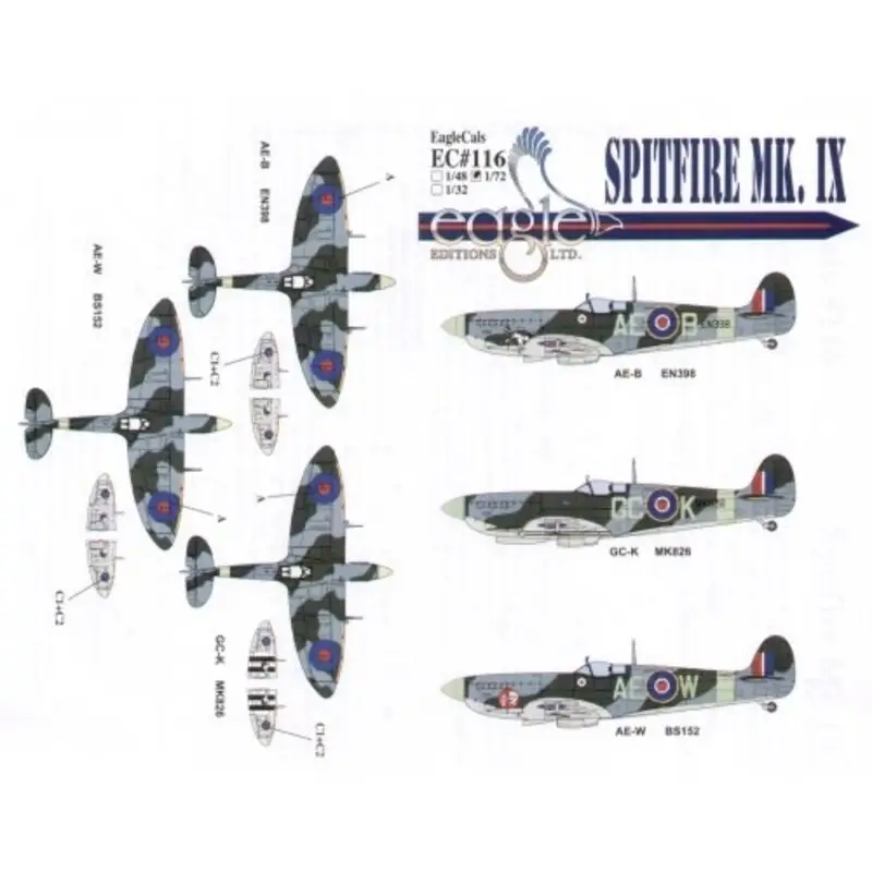 Sticker Supermarine Spitfire Mk.IX (3) BS152 AE-W 402 Squadron RCAF S/L L.M.Cameron MK826 GC-K 412 Squadron RCAF W/C George Keef Voordeelprijs