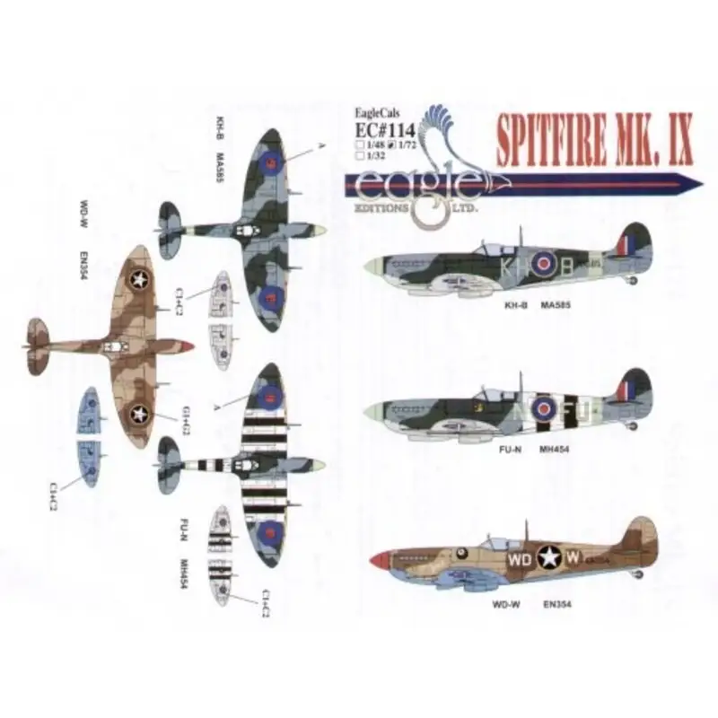 Sticker Supermarine Spitfire Mk.IX (3) MA585 KH-B 403 Squadron RCAF P/O Buzz Beurling EN354 WD-W 52nd FG Lt Leonard V. Helton N. Speciale Aanbieding