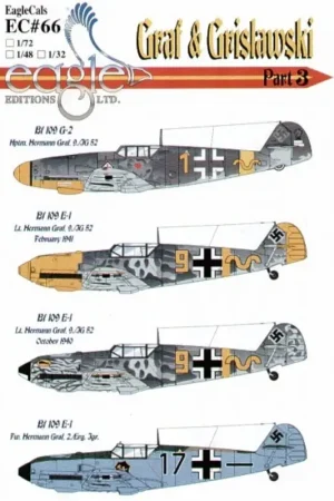Sticker Messerschmitt Bf 109E-1/G-2 Graf & Grislawski 9/JG52 Pt 3 (4) All Graf. E-1 Black 17+- 2/Erg.JGr 1940 RLM 02/70/65 Yello Weekendaanbieding