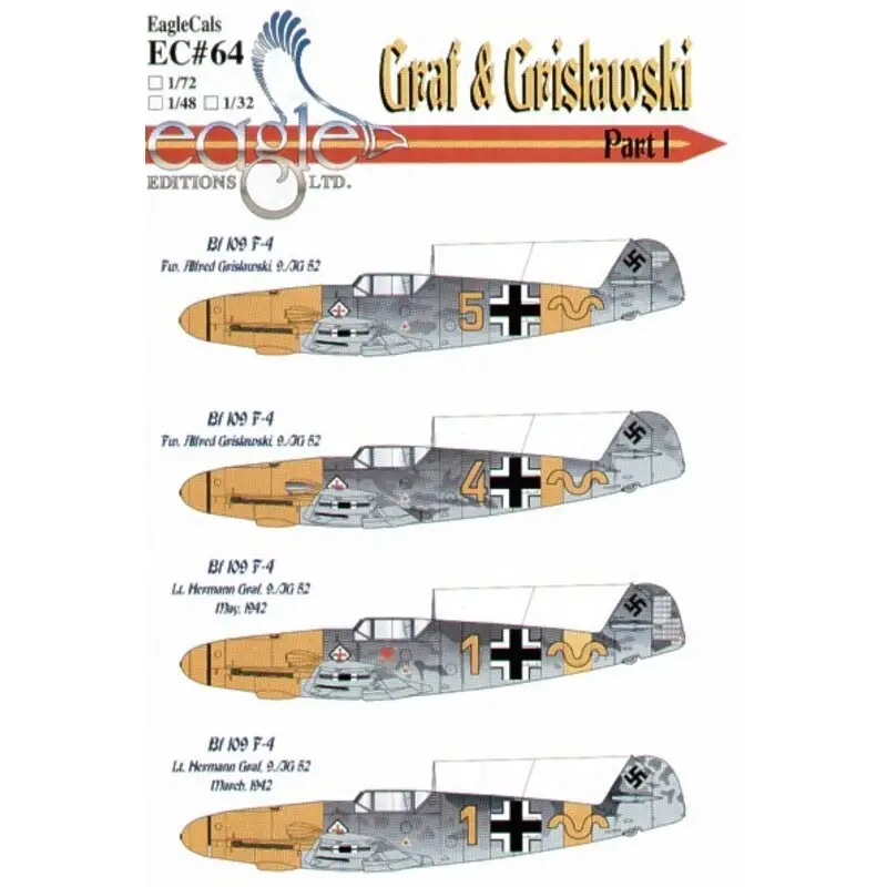 Lage Prijs Sticker Messerschmitt Bf 109F-4 Graf & Grislawski 9/JG52 Pt 1 (4) Graf Yellow 1+~ 2 versions Grislawski Yellow 4+~ replaced with