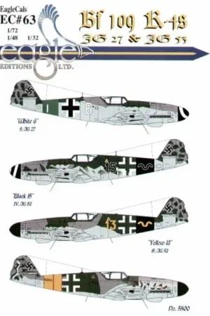 Snelle Levering Sticker Messerschmitt Bf 109K-4 (4) White 6 9./JG27 green defence band Black 15 IV./JG53 black defence band Yellow 13 15./JG53 b