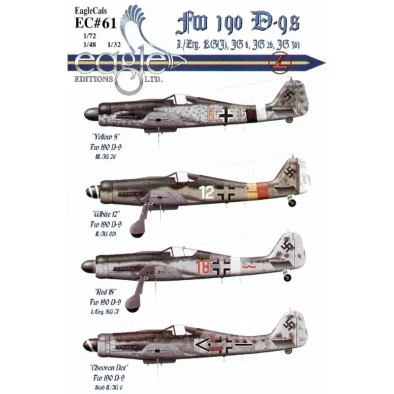Shop Nu Sticker Focke Wulf Fw 190D-9 (4) Yellow 8 11./JG26 (III Gruppe) Celle 1945 RLM 82/83/76 black/white fuselage bands White 12 II./