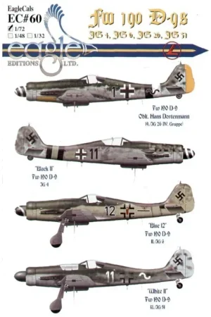 Sticker Focke Wulf Fw 190D-9 (4) Black 1 14/JG26 RLM 76/82/83 Black 11 JG4 RLM 75/76/83 Blue 12 II/JG6 RLM 76/82/83 White 11 13/ Lage Prijs