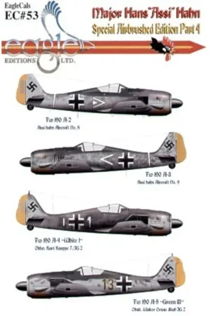 Sticker Major Hans ′Assi′ Hahn Part IV Focke Wulf Fw 190A (4) A-2 Wr 223 III./JG2 May 1942 A-3 Wr 5313 III./JG2 June 1942 A-4 Wr Populair