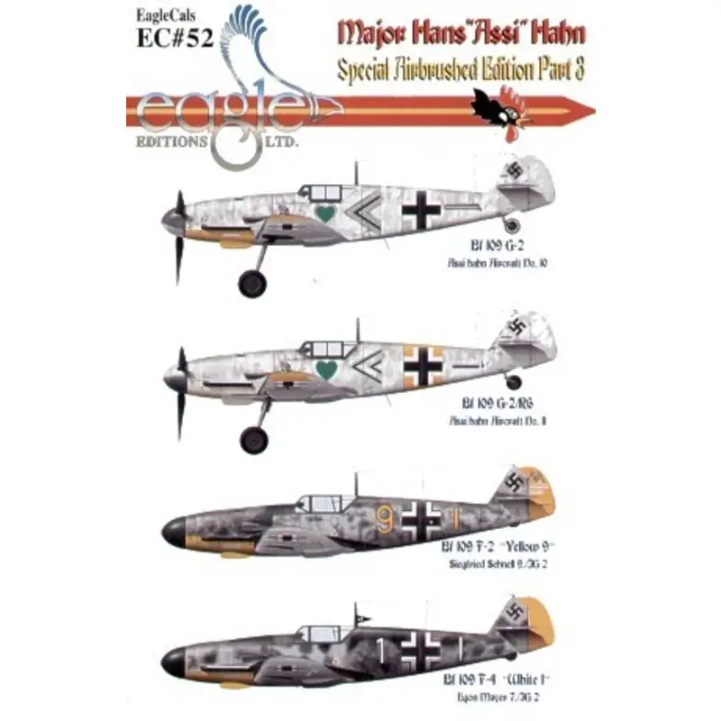 Sticker Major Hans ′Assi′ Hahn Part III Messerschmitt Bf 109F/G (4) Bf 109G-2 II./JG54 Russia Winter 1942-43 Bf 109G-2/R6 Wr 139 Beperkt Aanbod