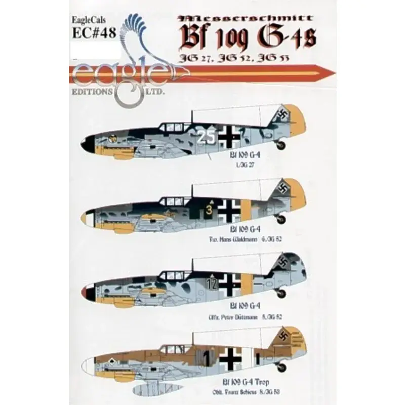 Sticker Messerschmitt Bf 109G-4 (4) White 25 1.JG27 Austria 1944 Yellow 3 6./JG52 Hans Waldmann Russia 1943 Black 12 5./JG52 Pet Laatste Versie