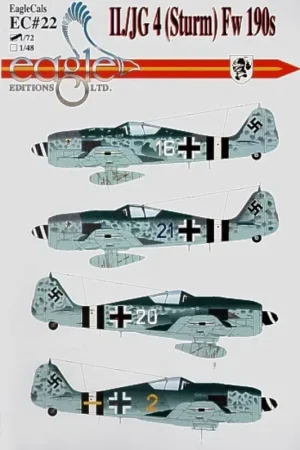 Sticker Focke Wulf Fw 190A-8/RS II./JG4 (Sturm). (4) White 16 Ofhr Franz Schaar 5/JG4 Sept 44 Blue 21 Maj Gerhard Schroeder II/J Bestel Nu