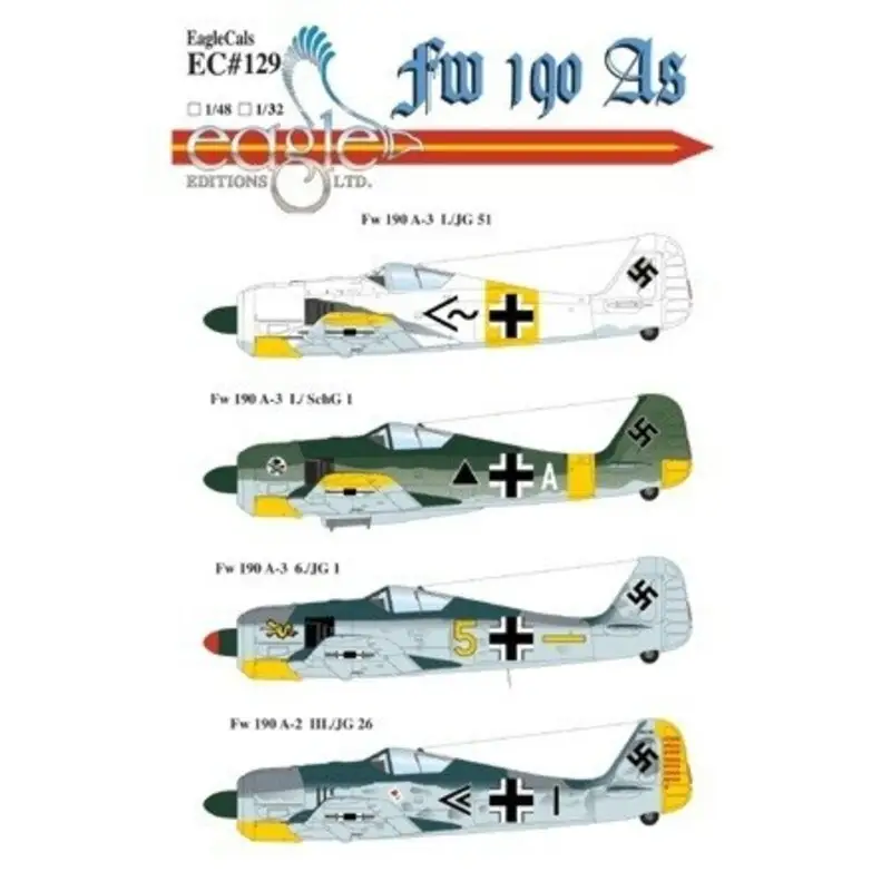 Sticker Focke Wulf Fw 190A (4) A-2 Black Chevron III/JG 26 Hptm Pips Priller Fw 190A-3 Black Chevron I/JG 51 1943 Black Triangle Direct Beschikbaar