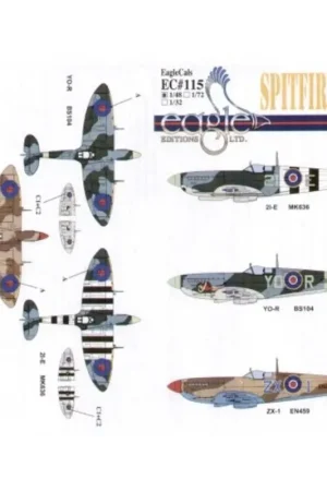 Sticker Supermarine Spitfire Mk.IX (3) BS104 YO-R 401 Squadron RCAF F/O T.K.Ibbotson Nose art 1942 MK636 2I-E 443 Squadron RCAF Aanbieding