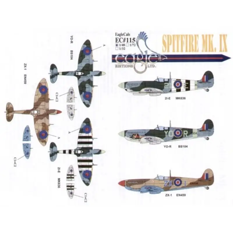 Sticker Supermarine Spitfire Mk.IX (3) BS104 YO-R 401 Squadron RCAF F/O T.K.Ibbotson Nose art 1942 MK636 2I-E 443 Squadron RCAF Aanbieding