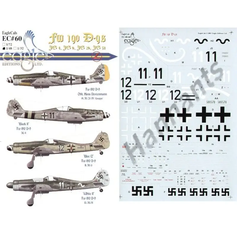 Express Levering Sticker Focke Wulf Fw 190D-9 (4) Black 1 14/JG26 RLM 76/82/83 Black 11 JG4 RLM 75/76/83 Blue 12 II/JG6 RLM 76/82/83 White 11 13/
