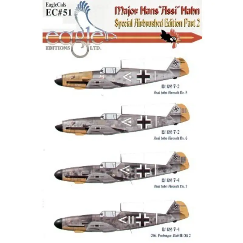 Sticker Major Hans ′Assi′ Hahn Part II Messerschmitt Bf 109F (4) F-2 Wr 5749 III./JG2 Mid 1941 (2 schemes) F-4 Wr 7183 III..JG2 Dagaanbieding