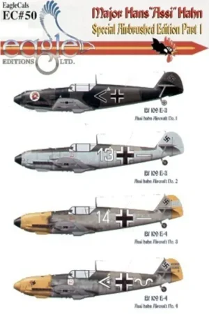 Sticker Major Hans ′Assi′ Hahn Part 1 Messerschmitt Bf 109E (4) E-3 StabI./JG3 Merseburg Germany 1939 E-3 White 13 4./JG2 Northe Gereduceerde Prijs