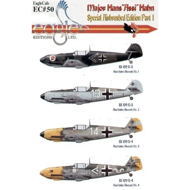 Sticker Major Hans ′Assi′ Hahn Part 1 Messerschmitt Bf 109E (4) E-3 StabI./JG3 Merseburg Germany 1939 E-3 White 13 4./JG2 Northe Gereduceerde Prijs