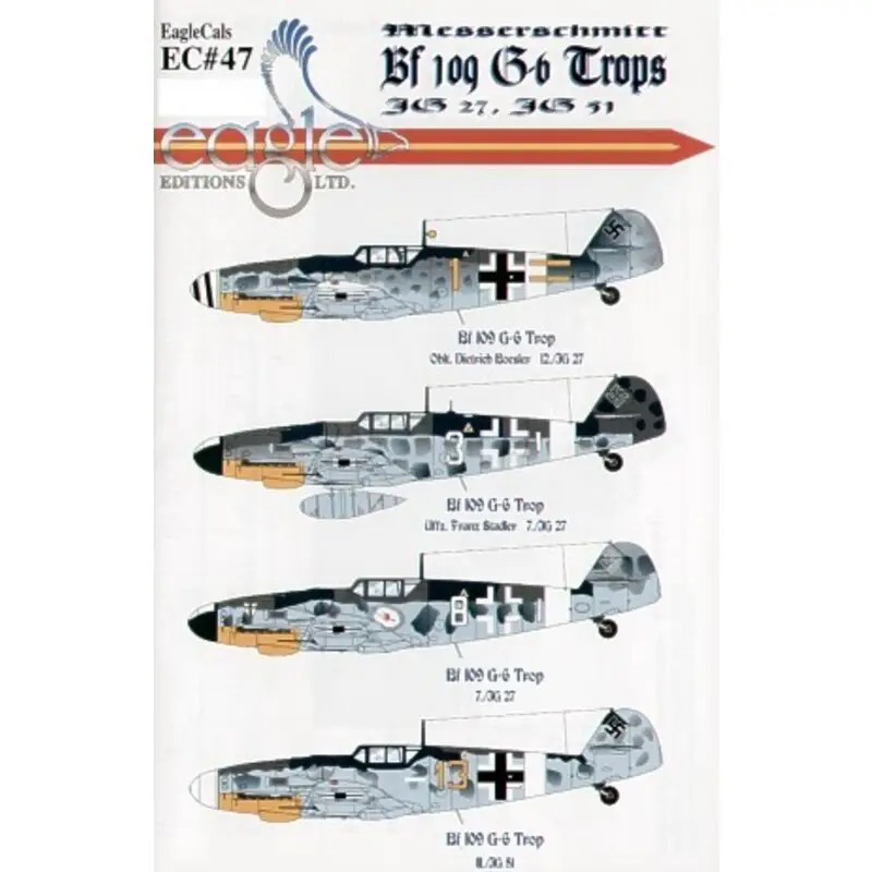 Tijdelijk Beschikbaar Sticker Messerschmitt Bf 109G-6 Trop (4) Yellow 1 12./JG27 Greece 1943 White 3 7./JG27 Franz Stadler Crete 1944 White 8 7./JG27