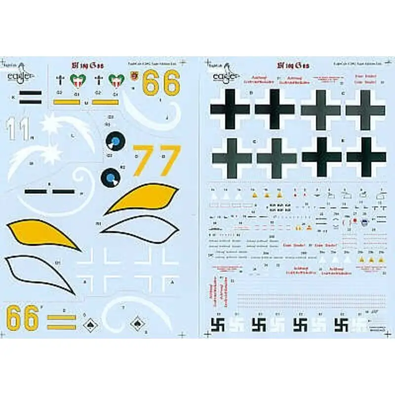 Sticker Messerschmitt Bf 109G-6 (4) Yellow 6 9./JG54 Fw Fritz UngarBlue band White 1 7./JG3 white comet Yellow 6 II./JG53 Red ba Finale Uitverkoop