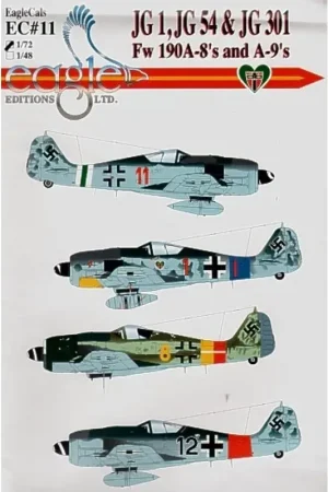 Sticker Focke Wulf Fw 190A-8 JG301 JG 54 JG 1 (4) Red 11 Dieter Gothel 10/JG301 Red 1 Hans 4.JG54 Yellow 8 7./JG301 Black 12 2./ Direct Verzonden