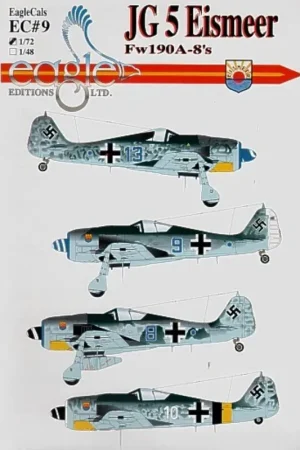 Sticker Focke Wulf Fw 190A-8 9 or 12./JG 5 Eismeer (4) Blue 13 Blue 9 Karl Heinz Koch Blue 8 Iffz. Dietrich White 10 Rudolf Artn Bestseller