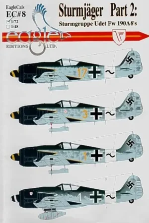 Sticker Focke Wulf Fw 190A-8 Sturmjager Pt 2 Udet 10 or 12./JG 3 (4) Yellow 17 Willi Ungar Yellow 3 Otfried Baisch Yellow 1 Whit Hoge Kwaliteit