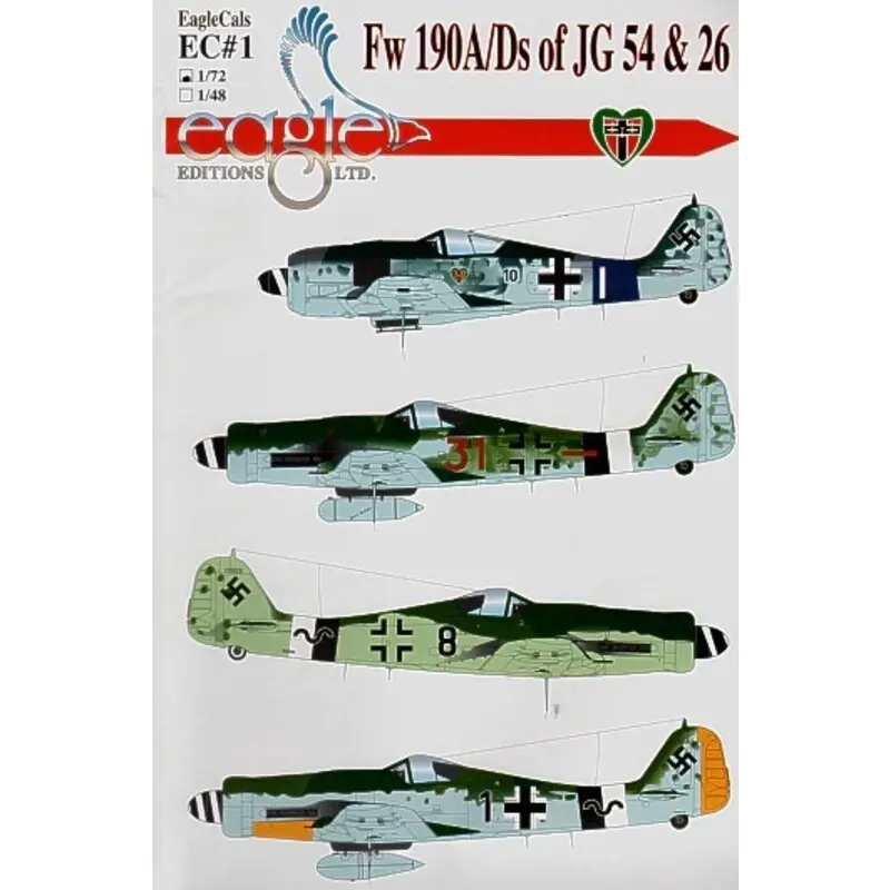 Lage Prijs Sticker Focke Wulf Fw 190A/D of JG54 and 26 (4) A-8 Black 10 StabIII. JG54 D-9 Brown 31 7/JG26 (II Gruppe) Black 8 14/JG26 (IV G