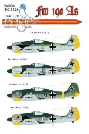 Sticker Focke Wulf Fw 190A (4) Focke Wulf Fw 190A-1 Blue 6 10/JG 2 Focke Wulf Fw 190A-2 Yellow 2 9/JG2 Fw.Kurt Nowak 1942 White Weekendaanbieding