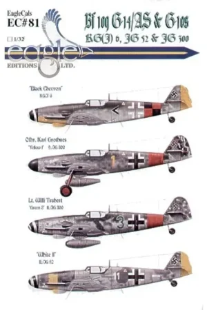 Sticker Messerschmitt Bf 109G-14/G-10 (4) Black Chevron KG(J)6 red/black check tail band RLM 75/76/83 Prague 1945 Yellow 1 9/JG3 Beste Prijs
