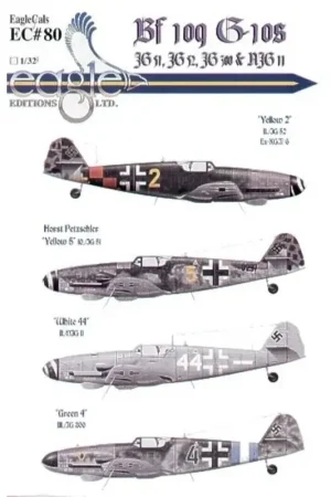 Sticker Messerschmitt Bf 109G-10 (4) Yellow 2 II/JG52 ex KG(J)6 red/black check tail band Austria Yellow 5 10/JG51 Horst Petzsch Flitsaanbieding