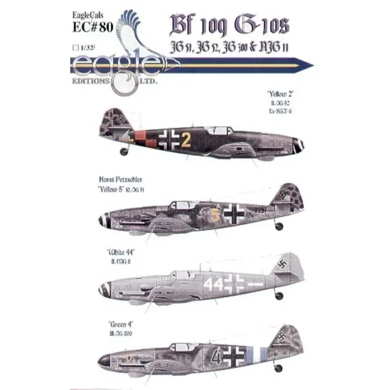 Sticker Messerschmitt Bf 109G-10 (4) Yellow 2 II/JG52 ex KG(J)6 red/black check tail band Austria Yellow 5 10/JG51 Horst Petzsch Flitsaanbieding