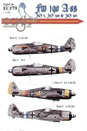 Sticker Focke Wulf Fw 190A-8 (4) Black 12 8/JG300 red snake design on fuselage bleu/white Reich Defence Band Blue 4 JG5 black/ye Beperkte Voorraad