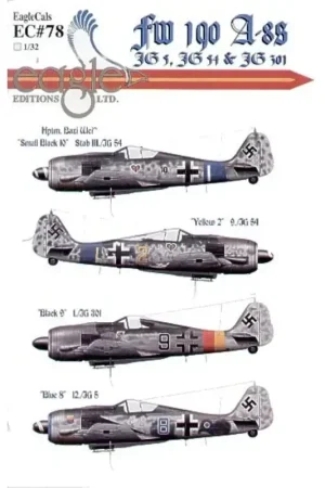 Sticker Focke Wulf Fw 190A-8 (4) Small Black 10 Hptm Robert Weiss StabIII/JG54 Yellow 2 9/JG54 Both blue Reich Defence Bands Blu Populair
