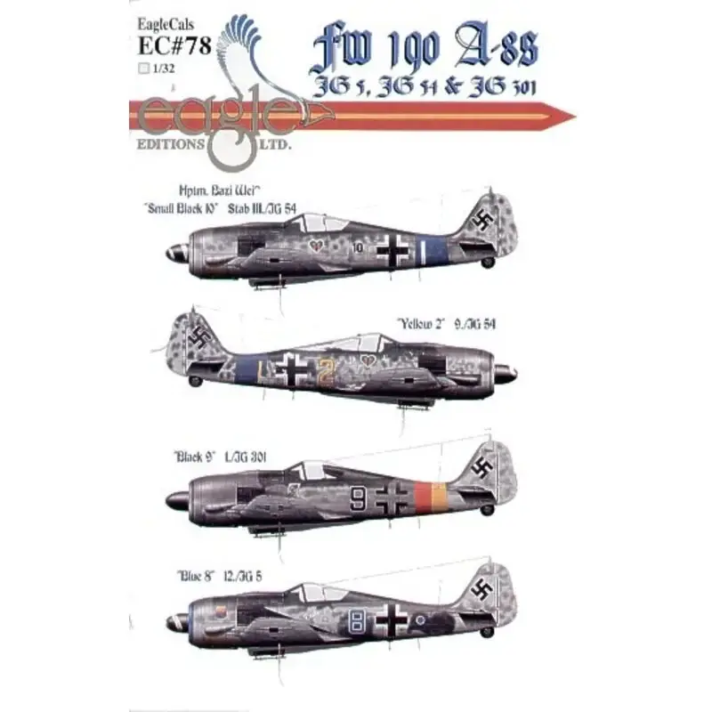 Sticker Focke Wulf Fw 190A-8 (4) Small Black 10 Hptm Robert Weiss StabIII/JG54 Yellow 2 9/JG54 Both blue Reich Defence Bands Blu Populair