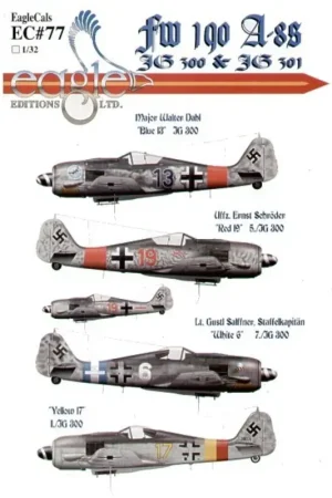 Sticker Focke Wulf Fw 190A (4) Blue 13 JG 300 Maj Walter Dahl 1944 Germany red fuselage band Red 19 5/JG 300 Uffz Ernst Schroder Snelle Levering