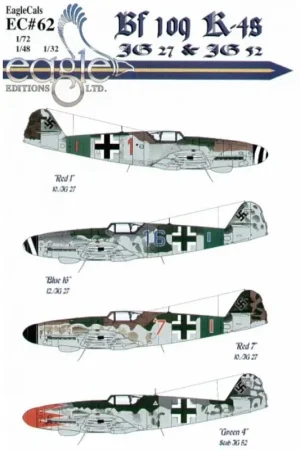 Flitsaanbieding Sticker Messerschmitt Bf 109K-4 (4) Red 1 10./JG27 RLM 76/81/83 green defence band Blue 16 12./JG27 Berlin RLM 76/75/83 green de