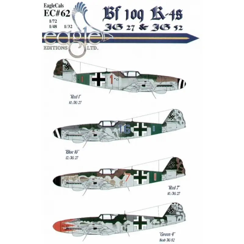Flitsaanbieding Sticker Messerschmitt Bf 109K-4 (4) Red 1 10./JG27 RLM 76/81/83 green defence band Blue 16 12./JG27 Berlin RLM 76/75/83 green de