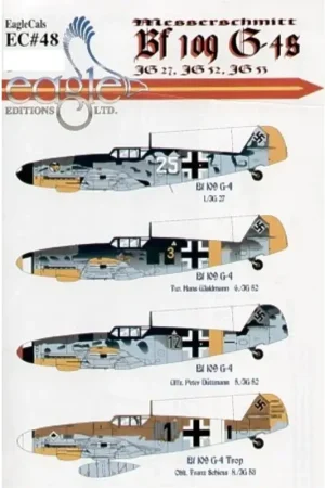 Flitsaanbieding Sticker Messerschmitt Bf 109G-4 (4) White 25 1.JG27 Austria 1944 Yellow 3 6./JG52 Hans Waldmann Russia 1943 Black 12 5./JG52 Pet