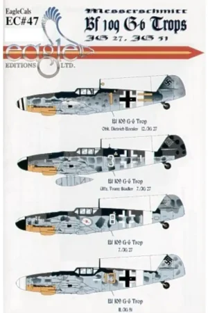 Laatste Versie Sticker Messerschmitt Bf 109G-6 Trop (4) Yellow 1 12./JG27 Greece 1943 White 3 7./JG27 Franz Stadler Crete 1944 White 8 7./JG27