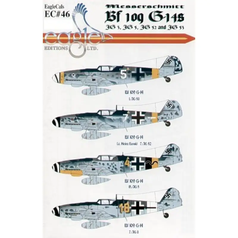 Sticker Messerschmitt Bf 109G-14 (4) Yellow 18 7./JG3 Germany 1945 White 7 7./JG52 Lt Heinz Ewald Hungary 1944 Yellow 4 15./JG5 Op = Op