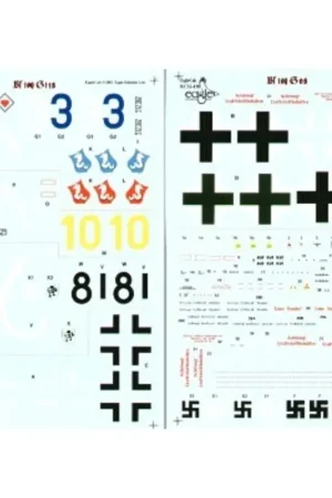 Sticker Messerschmitt Bf 109G-14 (4) Yellow 10 3/JG77 RLM 74/75/76 Green/white defence bands Blue 3 4/JG77 RLM 74/75/76 Black 8 Flitsaanbieding