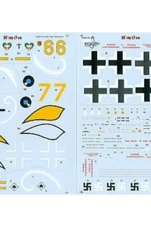 Sticker Messerschmitt Bf 109G-6 (4) Yellow 6 9./JG54 Fw Fritz UngarBlue band White 1 7./JG3 white comet Yellow 6 II./JG53 red ba Gecertificeerd