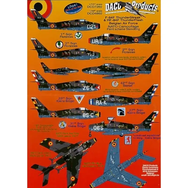 Sticker Republic F-84F Thunderstreak and Republic RF-84F Thunderflash. Belgian Air Force NATO camouflage Data Stencilling. Inclu Betaalbaar
