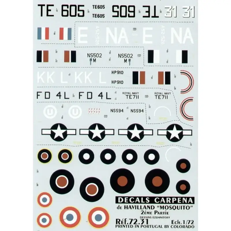 Koop Vandaag Sticker de Havilland Mosquito Mk.VI (5) France TE605 No 31 RAAF NA-E No 1 Squadron Norway HP910 KK-L No 333Squadron F.A.A. TE711