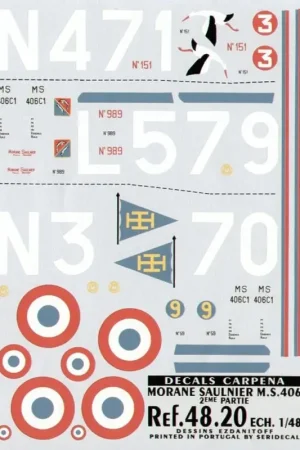 Sticker Morane Saulnier 406 Part 2. (3) No 151 N471/3 Groupe de Chasse 1/2 No 989 L579 Groupe de Chasse II/3 No 59 N370/9 Groupe Lage Prijs